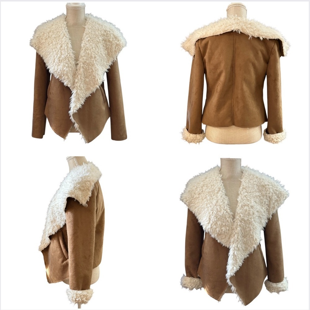 Women's Tan and Cream Shearling Jacket ~ Vegan Sherpa & Suede by Me Jane - Picture 2 of 16